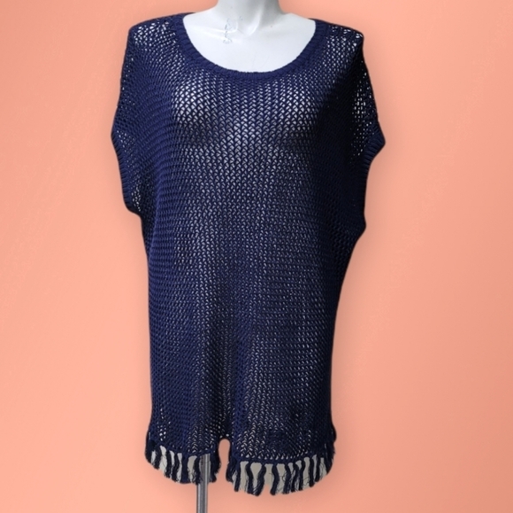 Tommy Bahama Blue Oversized Crochet Tunic Knit Fringe Top Women’s Sz S/M Caftan - Picture 1 of 10